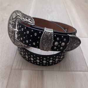 VTG 90s Ariat Rhinestone Studded Black Leather Belt